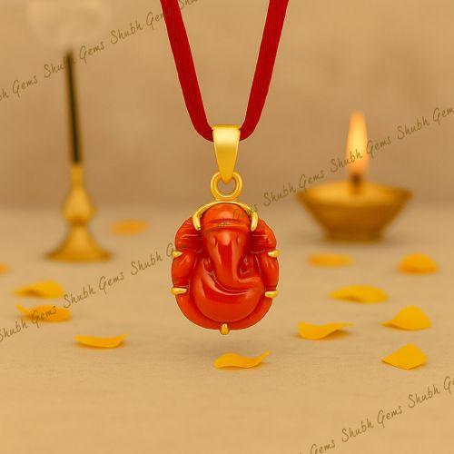 Red Coral Ganesha Gold Pendant