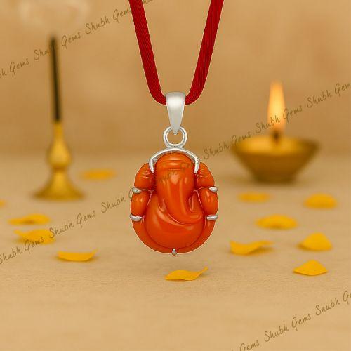 Red Coral Ganesha Silver Pendant
