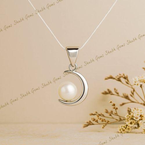 Shubh Gems Natural Half Moon Pearl (Moti) Silver Pendant
