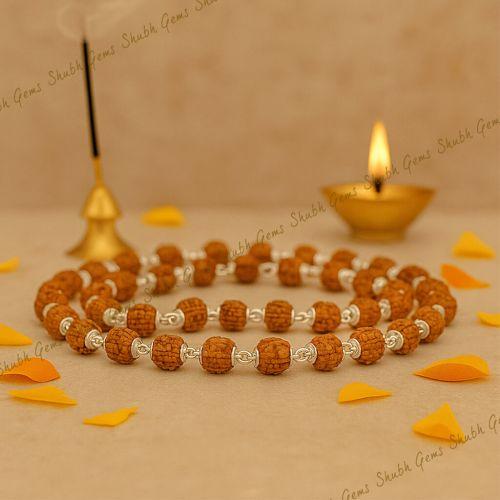 Shubh Gems 5 Mukhi Rudraksha Silver Mala
